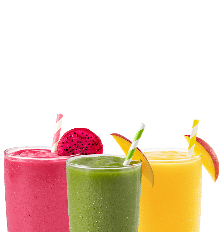Tropical Smoothie Cafe green smoothie, Tropical Dragon Passion smoothie & Mango Monsoon smoothie showcased in front of a blue wallpaper with a Tropic Rewards logo